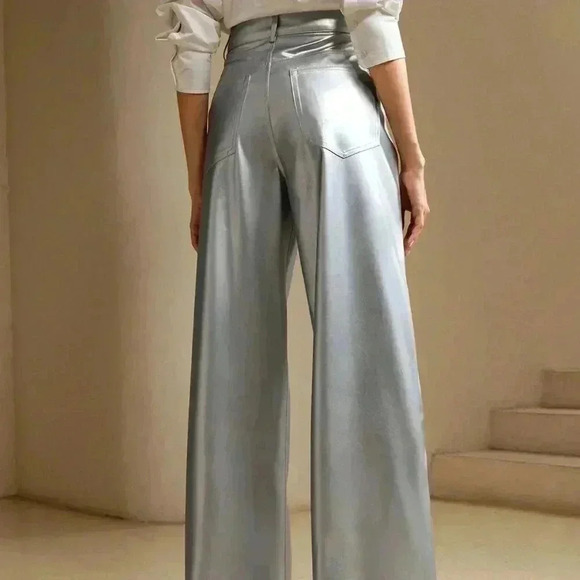 Silver Elegant Women's Faux Leather Urban Metallic Straight Leg Wide Leg Pants - Picture 2 of 5